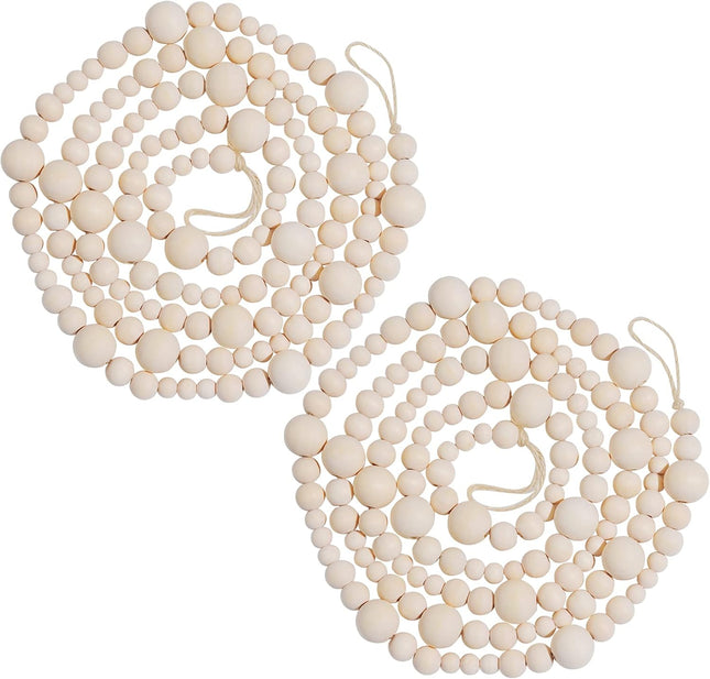 2 Pieces Wooden Beaded Garland 13.6 Feet Rustic Farmhouse Decor Wood Bead Garland Christmas Tree Garland Boho Decoration Natural