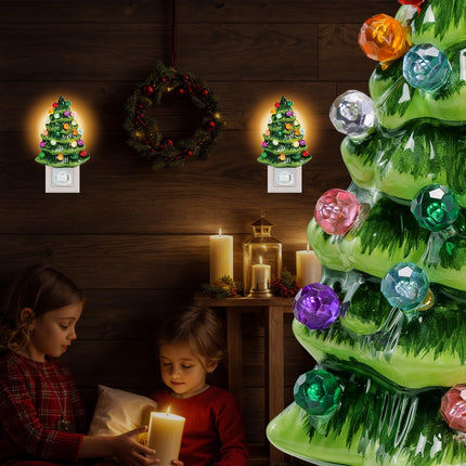 2 Pack Ceramic Christmas Tree Night Light Plug in,720 Degree Adjustable Nostalgic Ceramic Christmas Trees That Light Up,Retro Christmas Decor Nightlights (Green Trees Set of 2)