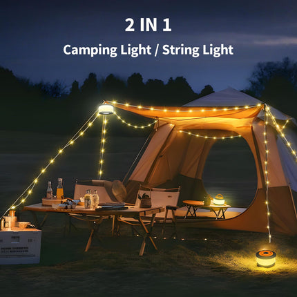 Camping String Lights,2 in 1 d 32.8FT Rechargeable Tent Lights String with 19 Lighting Modes,Quick Storage Camping Lights，Portable LED Lamp for Bedroom Yard Decor Christmas Camping Essentials