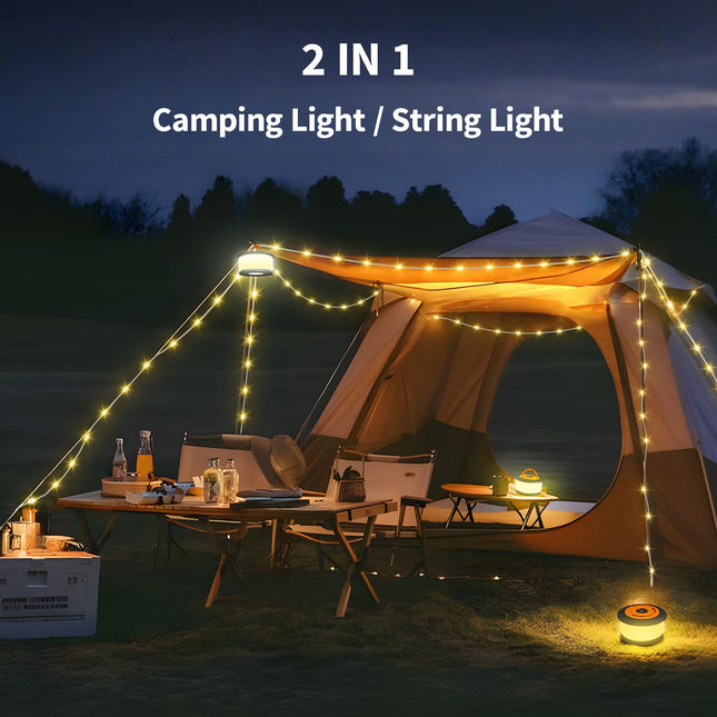 Camping String Lights,2 in 1 d 32.8FT Rechargeable Tent Lights String with 19 Lighting Modes,Quick Storage Camping Lights，Portable LED Lamp for Bedroom Yard Decor Christmas Camping Essentials