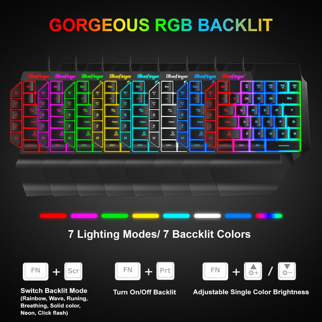 One Hand RGB Gaming Keyboard,USB Wired Rainbow Letters Glow Single Hand Keyboard with Wrist Rest Support Multimedia Keys, Backlit Ergonomic Mechanical Feeling Keyboard for Game