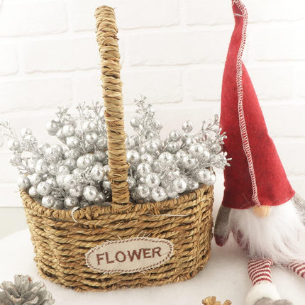 Fangoo 24 Pack Glitter Silver Stems,Artificial Glitter Silver Berry Picks Holly Red Berries Branches Christmas Berry Stem Picks for Christmas Tree Wedding Holiday Season Winter Home Decoration(19 CM)