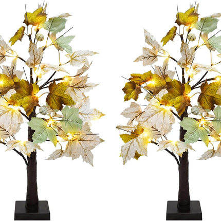 Uieke 2 Packs 24inch Artificial Lighted Fall Maple Tree 48 LED Fall Decor Table Lights with 6 White Pumpkins Battery Operated Timer, Fall Decorations or Home Thanksgiving Autumn Harvest (Green White)