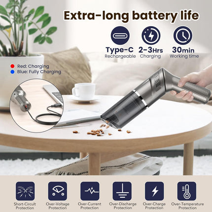 Car Vacuum Mini Vacuum Handheld Vacuum Cordless,120W Car Vacuum Cleaner High Power 90° Rotatable Handle Rechargeable Hand Vacuum Cordless Dry Wireless Portable Handheld Car Vacuum For Homecaroffice