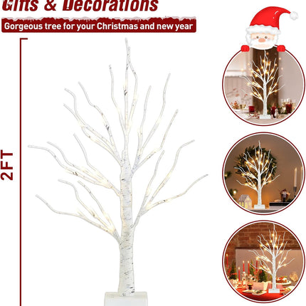 PEIDUO Artificial Tree for Table Decor, 2FT Birch Tree with LED Lights, Warm White Fairy Lights Spirit Tree Lamp for Home Indoor Tabletop Centerpiece, Battery Powered, Timer