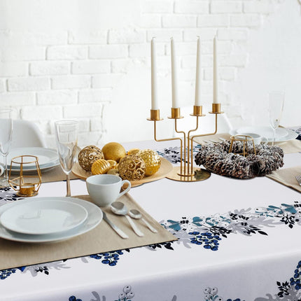 Peryiter Blue and White Christmas Tablecloth Blue Poinsettia Christmas Tablecloth Decorations Winter Reusable Xmas Plaid Bordered Fabric Table Cloth for Christmas Party(60 x 102 Inch)