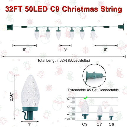 C9 LED Christmas Lights Outdoor, 50 LED 32 FT C9 String Lights for Christmas Plug-in Strawberry Bulbs Connectable UL for for Indoor Outside Roofline Patio Home Xmas Decoration, Warm White