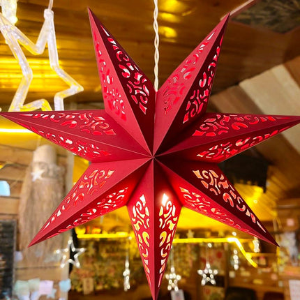 Hollow Out Paper Star Lantern Hanging Star Lampshade Decoration for Halloween Christmas Holiday Party Celebration (Red)
