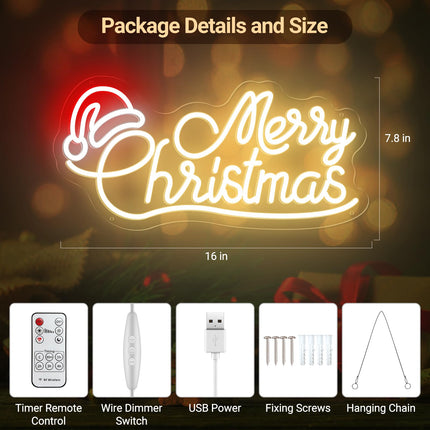 Merry Christmas Neon sign with Timer Remote, Warm White Red LED Christmas Neon Light for Christmas Decoration, Bedroom, Living Room, Home Decor Christmas Party Year Event Area