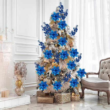 Rainmae 12pcs 5.5in Christmas Artificial Flowers and 12pcs Berry Stems, Royal Blue Glitter Poinsettia Flowers Decorations, Christmas Tree Ornaments for Xmas Wreath DIY Garland Ornaments Wedding Party