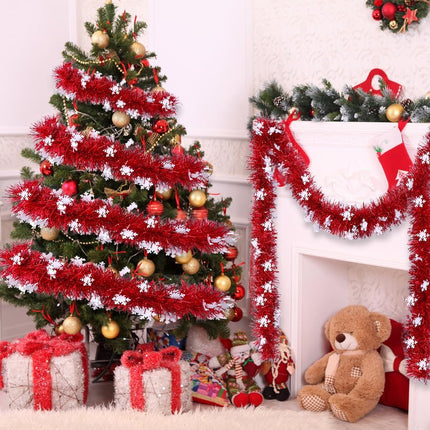 33FT Christmas Tinsel Garlands, 5pcs Red Snowflake Metallic Garland Christmas Glittering Foil Hanging Garland for Christmas Tree Fireplace Home Party Decoration