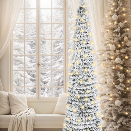 HMASYO 5 FT Pop Up Snow Flocked Christmas Tree with Timer Lights, Collapsible White Pine Pencil Christmas Tree, Artificial Slim Xmas Tree Holiday Decoration for Home, Office, Party, Easy Assembly