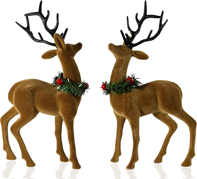 2pcs Reindeer Christmas Decorations, Flocking Christmas Reindeer Figurines with Red Berry and Pine Needle, Deer Décor Christmas Table Decorations, Christmas Table Centerpieces