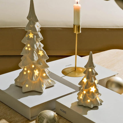 DN DECONATION White Ceramic Christmas Tree That Light Up, 2Pcs Porcelain Christmas Tree with Lights, Stars and Dots Cutouts Prelit Tabletop Xmas Tree Figurines, Modern Christmas Decor,