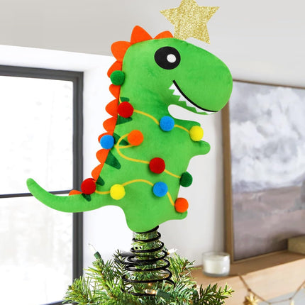 Dinosaur Christmas Tree Topper with Stand and Glitter Star Handmade T-rex Green Dinosaur Xmas Tree Ornament Winter Holidays Home Decorations Wreath Festive Kids Ideas Supplies