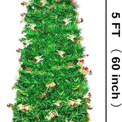 5FT Pop Up Christmas Tree with 90 LED Lights, Collapsible Christimas Tree Sled Sequins Tinsel Slim Pencil Christmas Xmas Tree for Home Holiday Fireplace Party Indoor Outdoor Decorations, Green