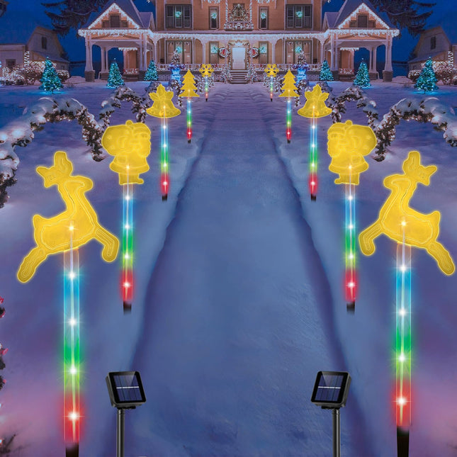 Solar Christmas Pathway Lights Outdoor, 10 Pack Solar Christmas Decorations Outside with 50 Colorful LED Lights, 8 Modes Walkway lights with Tree Santa Snowflake Reindeer bell for Christmas Decor
