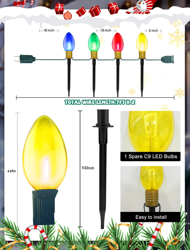 C9 Christmas Multicolor Pathway Lights, 2 Sets 7Ft Outdoor Christmas Pathway Markers Lights with 8 Jumbo C9 LED Multicolor Bulbs, Connectable Christmas Walkway Lights for Driveway Yard Garden Decor