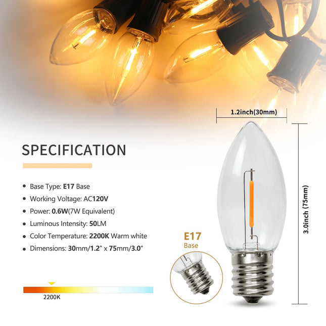 50PACK C9 LED Christmas Light Bulb ，C9 LED Replacement Bulb for Christmas String Lights, E17 Intermediate Base, 2200K Warm White, Commercial Grade Holiday Clear ‎Plastic Bulbs Dimmable Shatterproof