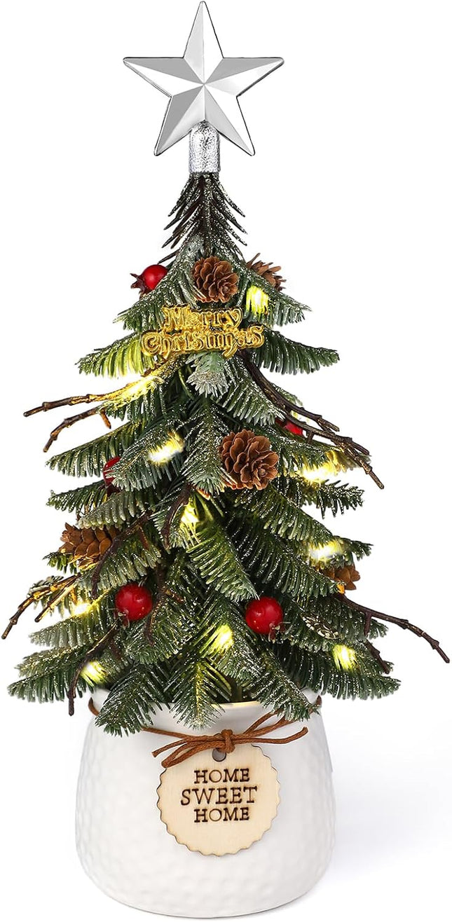 Tabletop Christmas Tree, Small Artificial Christmas Mini Tree Christmas Decorations Indoor with Holiday Ornaments Red Berry Pine Cone Greenery for Home Office Table Xmas Christmas Decor (White)