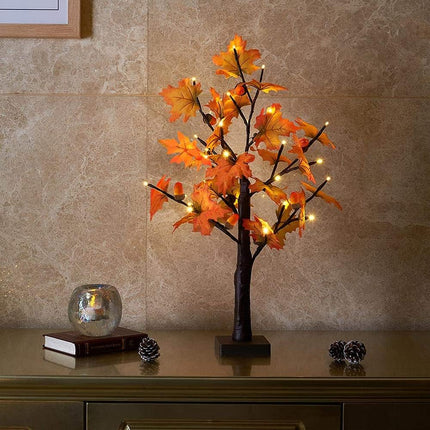 STEFORD 22 Inches Artificial Fall Lighted Maple Tree with 24 LED Lights Battery Operated Autumn Tabletop Light Up Maple Leaf Tree for Thanksgiving Autumn Harvest Indoor Home Decorations