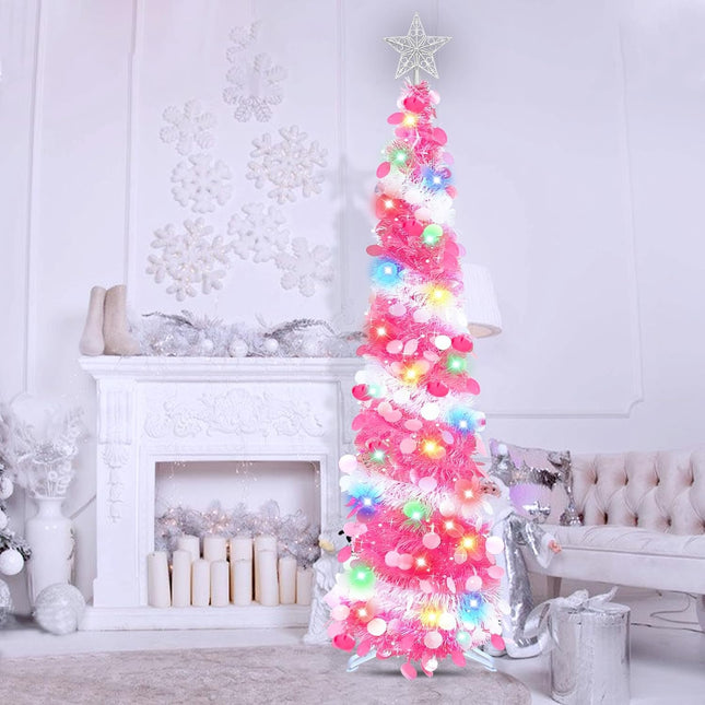 Dual Color Change & Timer - 5FT Pop Up Christmas Tree, Pink Tinsel Christmas Tree 50 Warm White & Colored Lights 8 Mode 3D Star Sequins 1 Minute Collapsible Pencil Christmas Tree Home Indoor Party