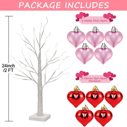 Remon Valentine 2Ft Birch Tree Light, 24 LED White Birch Tree Battery Powered Timer, Artificial Valentine Tree Included Set of 10 Valentine's Day Heart Ornaments for Table Center Decor Home Indoor