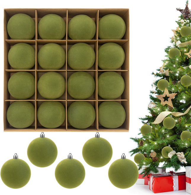 3.15" Green Velvet Christmas Ball Ornaments Set, 16 pcs Flocked Green Xmas Tree Decoration, Large Shatterproof Decorative Hanging Balls for Party Holiday Wreath Garland Home Décor