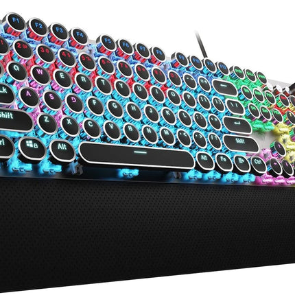 AULA F2088 Typewriter Style Mechanical Gaming Keyboard Blue Switches,Rainbow LED Backlit,Removable Wrist Rest,Media Control Knob,Retro Punk Round Keycaps,USB Wired Computer Keyboard