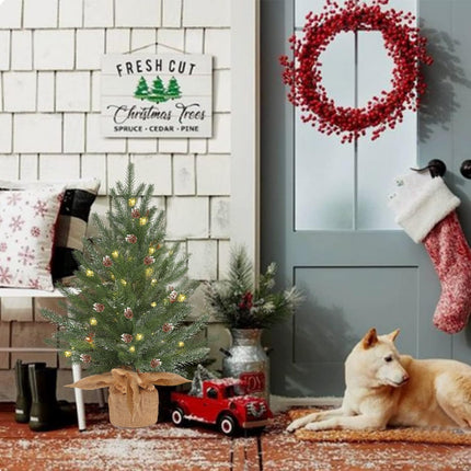 2 Ft prelit Tabletop Mini Christmas Tree with 50 LED,Small Frosted Lighted Artificial Pine Tree with Burlap Base,Pinecone Decoration,2 FT Miniature Farmhouse Xmas Tree Decor for Farmhouse Door