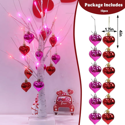 2 PCS 24 Inches Valentines Day Lighted Tabletop Lighted Birch Trees with 18pcs Heart-Shaped Ornaments,Pre-Lit Artificial Tree with Red Pink LEDs Lights for Valentine's Day Party Decor