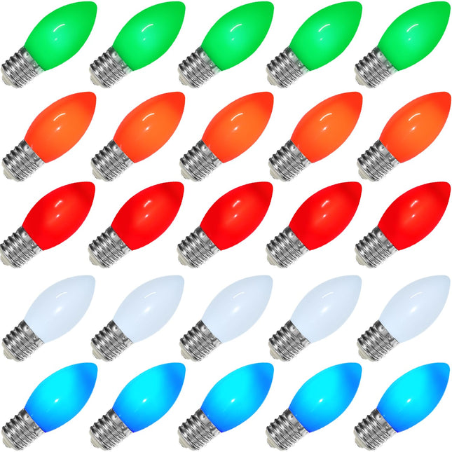 25 Pack C9 LED Christmas Light Bulbs Ceramic Multicolor C9 Bulbs E17 Base - for Christmas Tree Lights Replacement Bulbs, Christmas Lights Replacement Bulbs for Home Yard Porch Stair, 0.6W = 7W