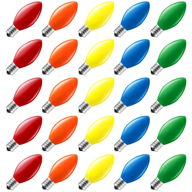 C7 Multi-Color Christmas Replacement Bulbs, C7 E12 Retro Bulbs for Outdoor Indoor Christmas String Lights, Patio, Roof Lighting Decoration, 25 Pack