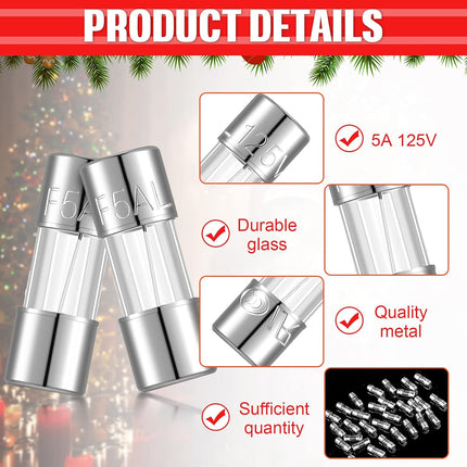 Christmas Light Fuses 125 Volt 5 Amp Fast Blow Glass Fuse Christmas Lights Fuse Replacement Glass Fuse Kit for LED Lights Outdoor String Lights, 3.6 x 10 mm/ 0.14 x 0.39 Inch (30 Pieces)