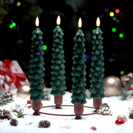 4 Pack Christmas Tree Candles with Remote, 9.65 Inch Real Wax flameless Taper Candles, LED Candles Battery Operated with 3D Flickering Flame, Green Candlesticks Christmas Decor