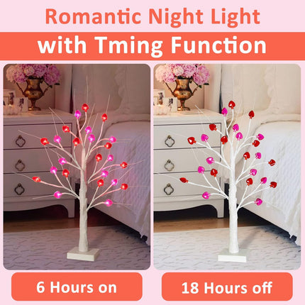 2FT Valentine's Day Tree Decor - 24LT FastDeng Prelit Birch Tree with 12 Pink & 12 Red Heart, Unique Red and Pink LED Lights, Battery Operated, Timing Function, Decorations for The Home, Mother's Day