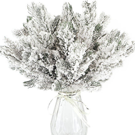 12Pcs Snowy Artificial Pine Needles Branches Twigs 10.6" Fake Frosted Pine Picks Greenery Stems Christmas Pine Tree Picks Winter Fir Pine Sprays Sprigs for Crafts Wreaths Garlands Holiday Decor