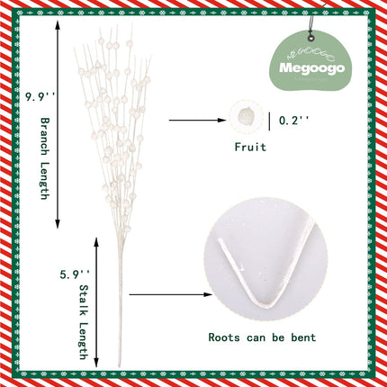 12 PCS Artificial Glitter Berry, White Christmas Glitter Picks Artificial Berries Stems Ornaments Fake Xmas Stem Decorative Sticks for Vases Tall DIY Wreath Home Decor (15.8’’)