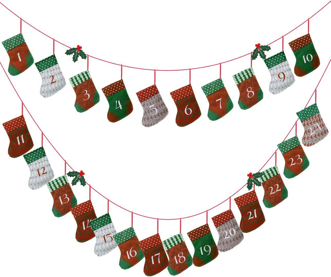 KESOTO Christmas Reusable Advent Calendar , 24 Days Countdown Hanging Garland Xmas Felt Stocking for Home Wall Stairs Christmas Decorations