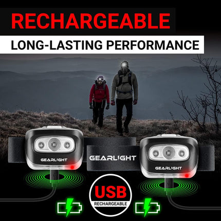 GearLight USB Rechargeable Headlamp Flashlight - S500 Running, Camping, and Outdoor LED Headlight Camping Headlamps - Head Lamp Light for Adults, Kids, Emergency Gear [2 Pack]