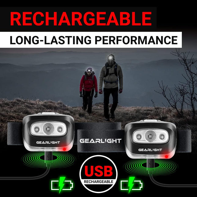 GearLight USB Rechargeable Headlamp Flashlight - S500 Running, Camping, and Outdoor LED Headlight Camping Headlamps - Head Lamp Light for Adults, Kids, Emergency Gear [2 Pack]