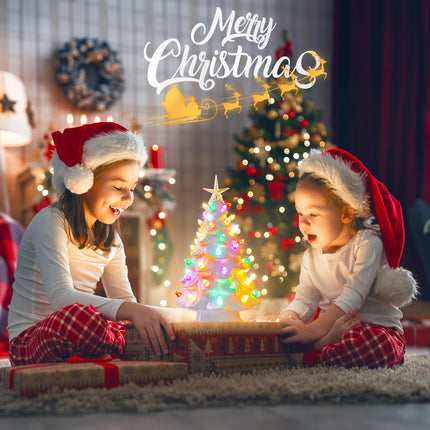 13 Inch Ceramic Christmas Tree, Pre-lit Tabletop Christmas Tree with Multicolored LED Lights and Star, Battery Operated, White