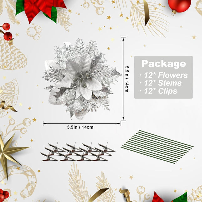 12 Pcs Poinsettia Artificial Christmas Flowers Decorations with Clips and Stems Glitter Christmas Poinsettia Decorations for Xmas Tree Ornaments Winter Party Wreath Decoration (Silver)