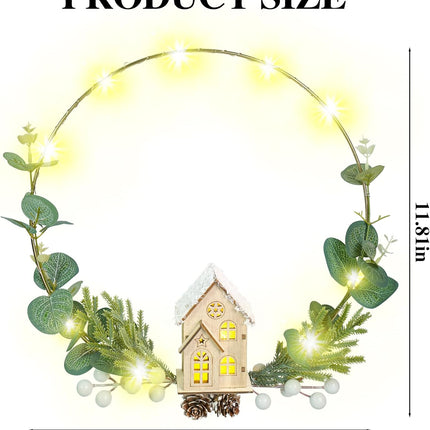 Light Up Christmas Wreath for Front Door - 2 Pcs 12 Inches LED Prelit Christmas Hoop Wreath with Lighted House for Xmas Holiday Winter Decor Modern Mantel Decoration