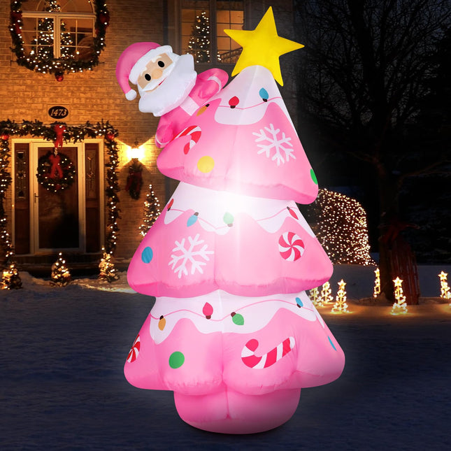 Kitticcino 5.6FT Christmas Tree Inflatable Outdoor Decorations Blow Up Pink Christmas Tree with Santa Star Colorful Candy Built-in LED Lights Xmas Yard Garden Lawn Outdoor Indoor Holiday Party Decor