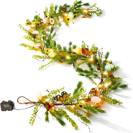 6.8ft Artificial Easter Eggs Garland with 20 LED Lights 8 Twinkle Timer Function Berry Garland Hanging Rustic Spring Easter Decorations for Mantle Fireplace Home Indoor Outdoor Easter Decor