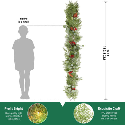 6FT Prelit Christmas Garland Decorations, Realistic Green Cypress Pine Garland with Lights Battery Operated for Mantle Stairs Railing Fireplace Table Indoor Xmas Decor, 6FT