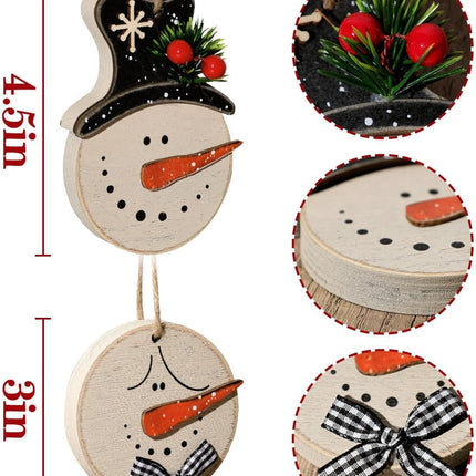 Christmas Decorations Indoor Decor: 12 Pack Rustic Wood Christmas Tree Decorations, Cute Farmhouse Snowman Hanging Ornaments with Plaid Bows Pine Branches for Home Office Fireplaces Garland
