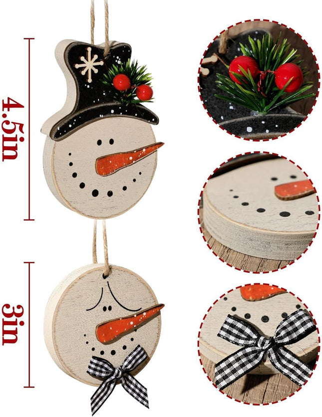 Christmas Decorations Indoor Decor: 12 Pack Rustic Wood Christmas Tree Decorations, Cute Farmhouse Snowman Hanging Ornaments with Plaid Bows Pine Branches for Home Office Fireplaces Garland
