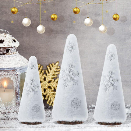 Zubebe Set of 3 Plush Christmas Tree Figurine, Tabletop Farmhouse Rustic Tree Figurine Christmas Boho Plush Tree Centerpieces with Snowflakes for Christmas Entryway Decor, Winter Home Decor(White)